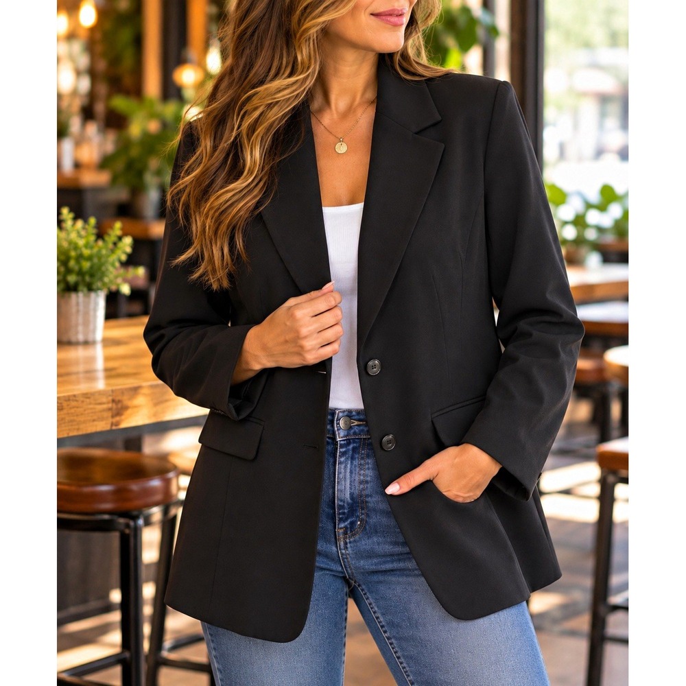 Norton McNaughton Womens Blazer L Black 2-Button Lined Pockets Classic Workwear
